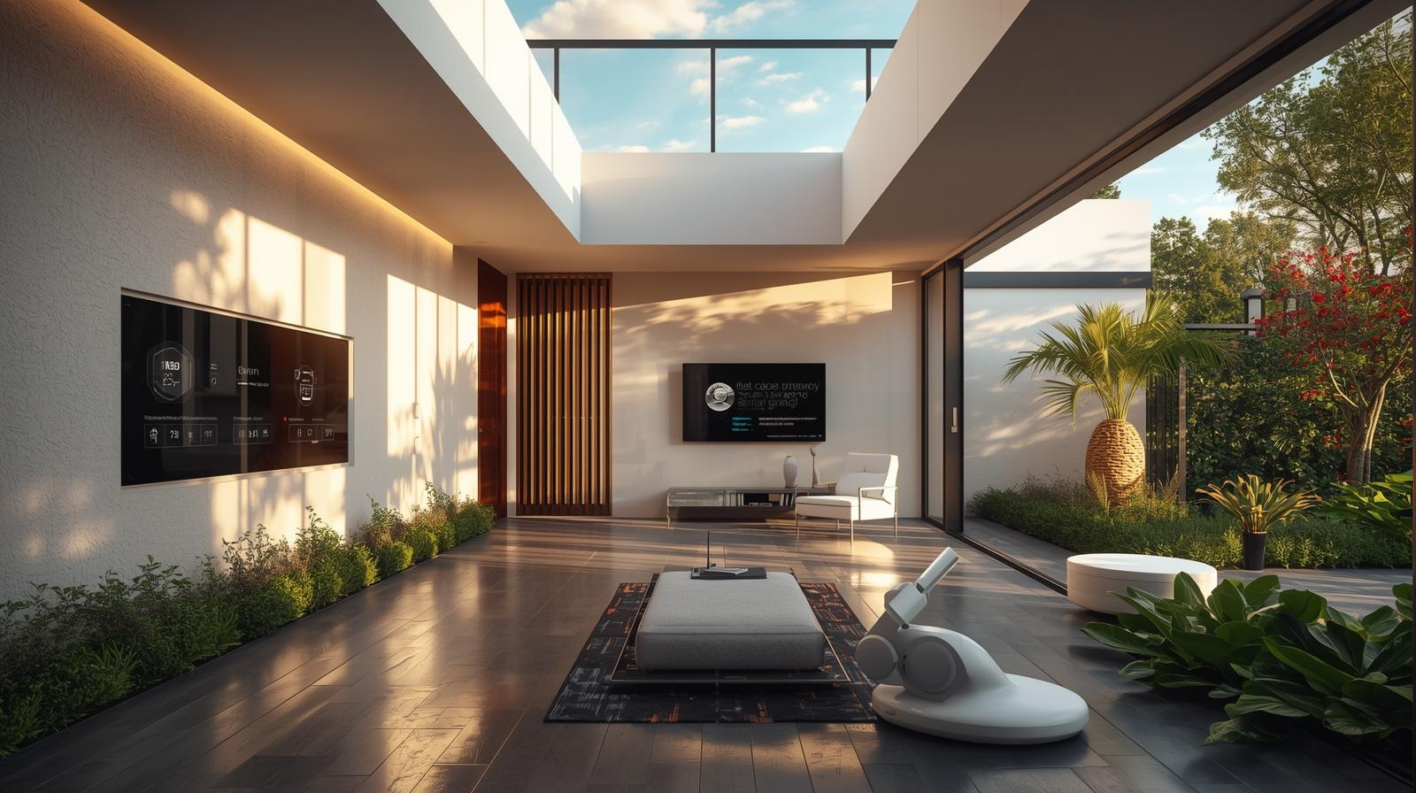 Luxury Florida smart home interior featuring a wall-mounted control panel, automated lighting, and indoor-outdoor living with advanced AI technology